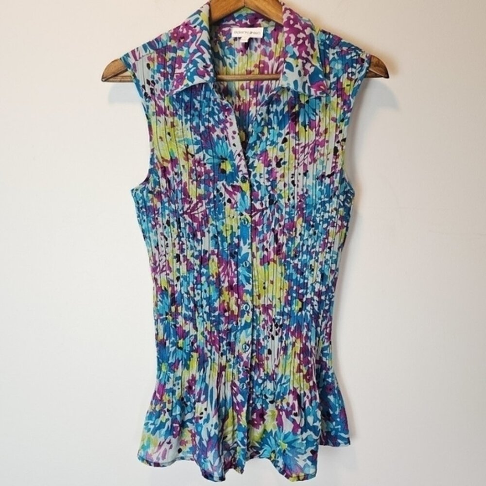 Fashion Bug Floral Blue Sheer Accordion Collared‎ Fai Tank Blouse Size Large